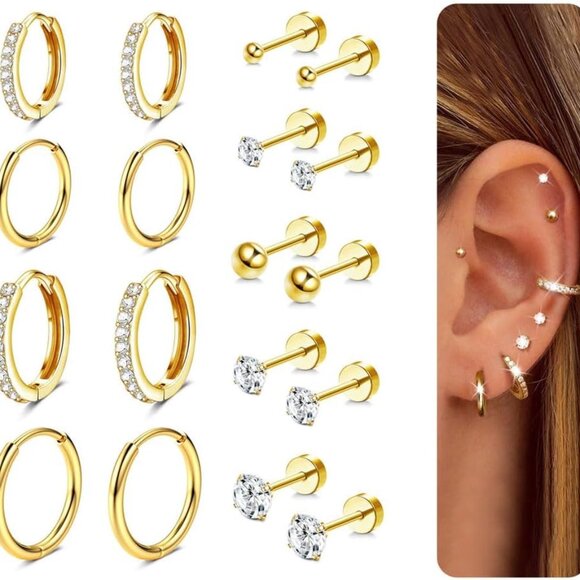 9 Pairs Jewelry Earring Sets Hypoallergenic 14K Gold Plated Small Huggie Hoop CZ - Picture 1 of 7